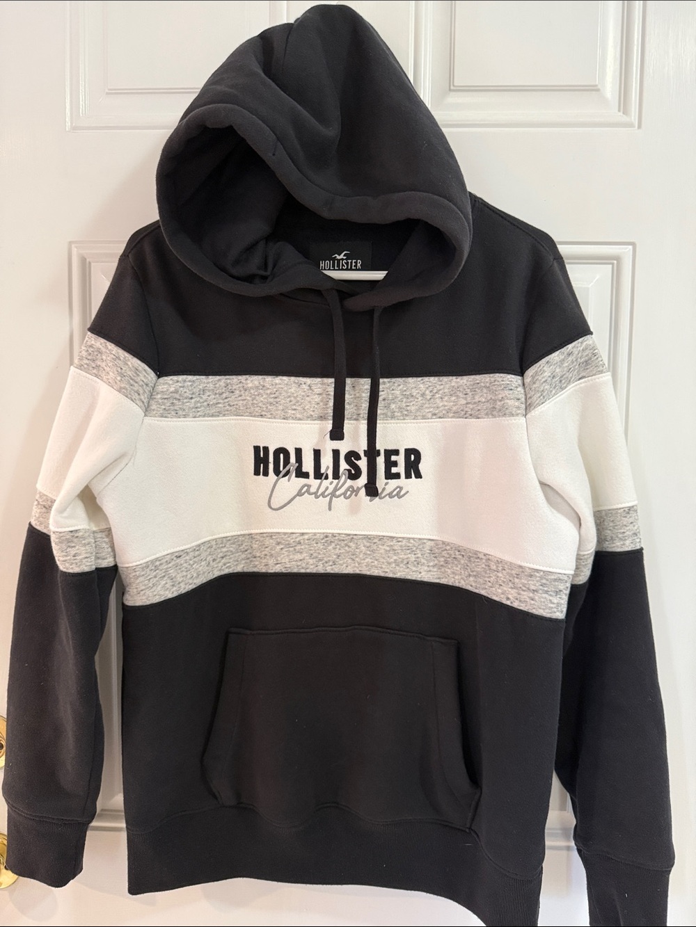 Hollister Black, White & Gray Stripe Pullover Hoodie